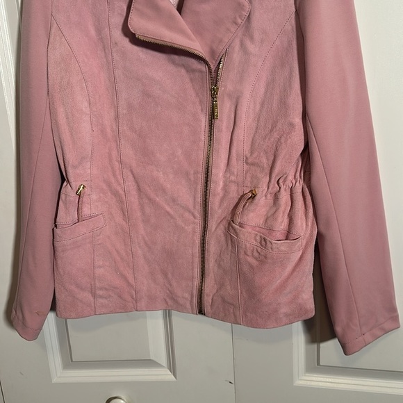 IMAN lined pink suede uneven zippered jacket, waist cinch tie, fabric sleeves, M - Picture 3 of 8